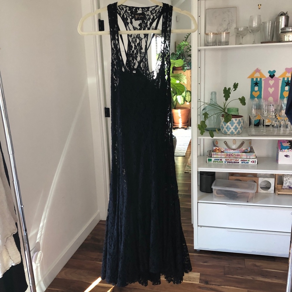 Black lace tank dress with mermaid hemline